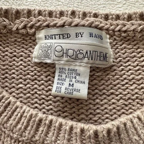 VNTG 80's Chrysantheme Cottagecore Cozy Beige Floral Padded Shoulder Sweater Med - Picture 8 of 9